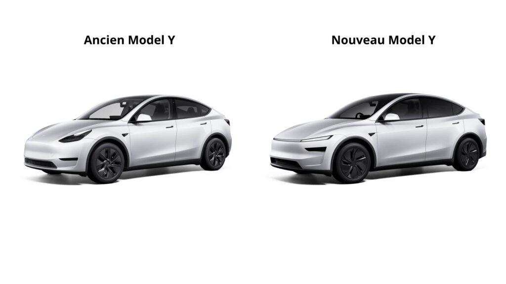 L'avant du Tesla Model Y avant et après son restylage. // Source : Numerama L'avant du Tesla Model Y avant et après son restylage. // Source : Numerama