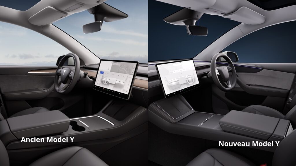 L'intérieur du Tesla Model Y avant et après son restylage. // Source : Numerama L'intérieur du Tesla Model Y avant et après son restylage. // Source : Numerama