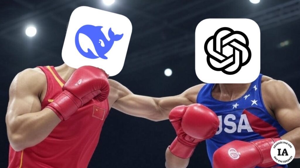 Combat de boxe entre DeepSeek et ChatGPT. // Source : Montage Numerama, image générée par Grok Combat de boxe entre DeepSeek et ChatGPT. // Source : Montage Numerama, image générée par Grok