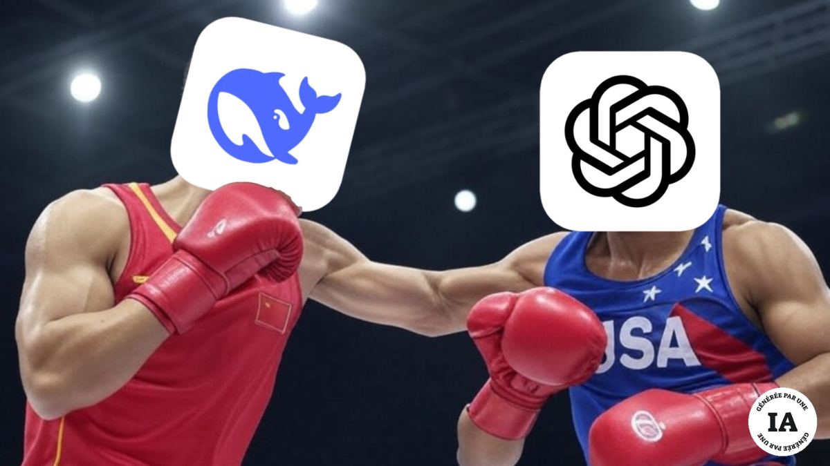 Combat de boxe entre DeepSeek et ChatGPT. // Source : Montage Numerama, image générée par Grok Combat de boxe entre DeepSeek et ChatGPT. // Source : Montage Numerama, image générée par Grok