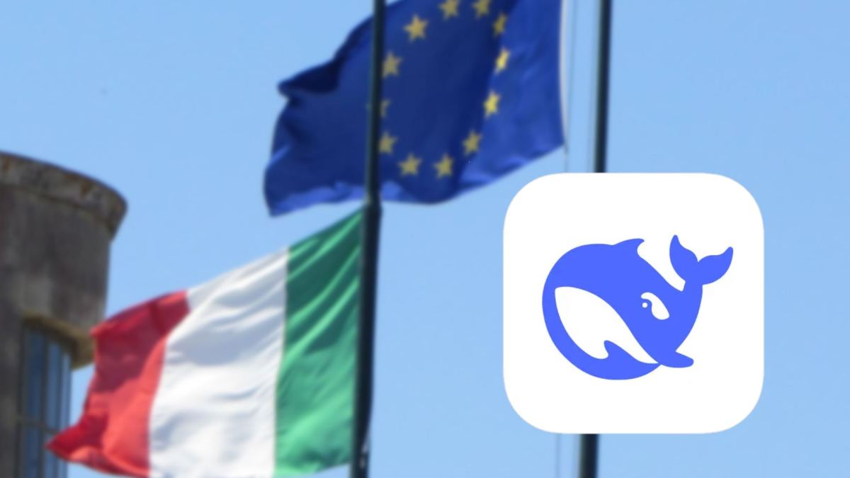 DeepSeek derrière des drapeaux européens et italiens. // Source : Wikipedia DeepSeek derrière des drapeaux européens et italiens. // Source : Wikipedia