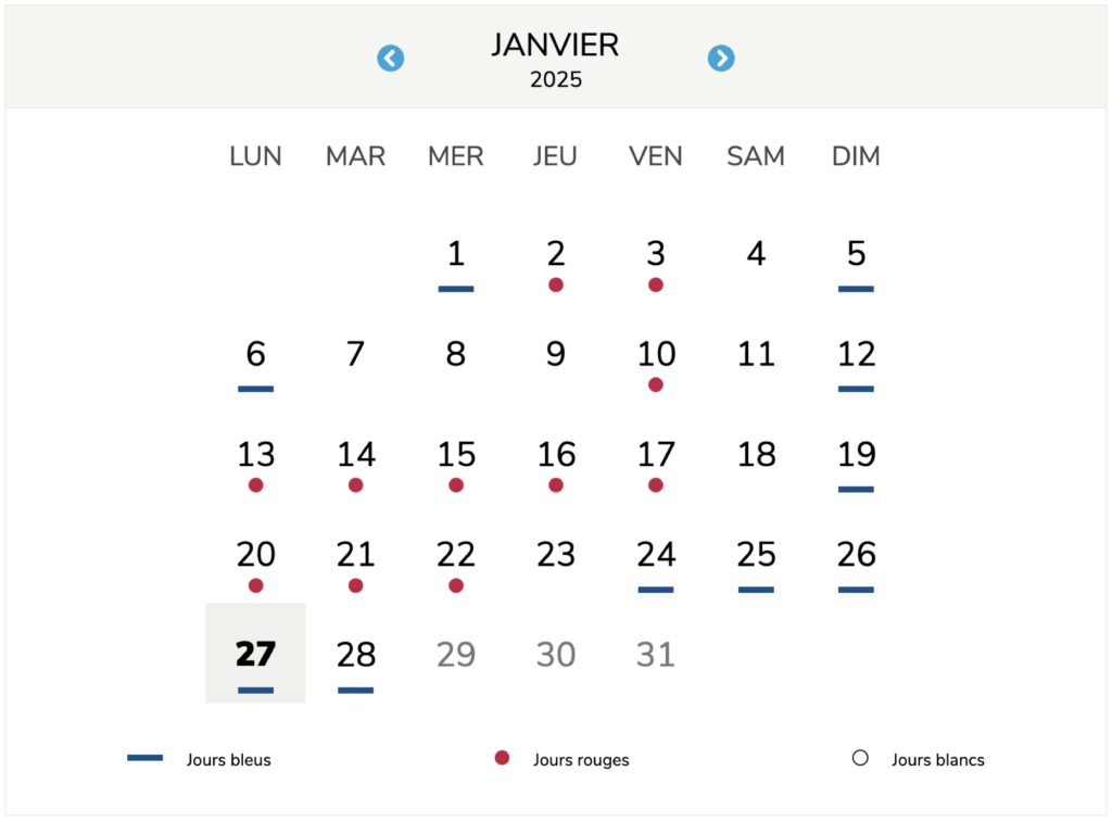 Les jours Tempo du mois de janvier 2025 // Source : RTE Les jours Tempo du mois de janvier 2025 // Source : RTE