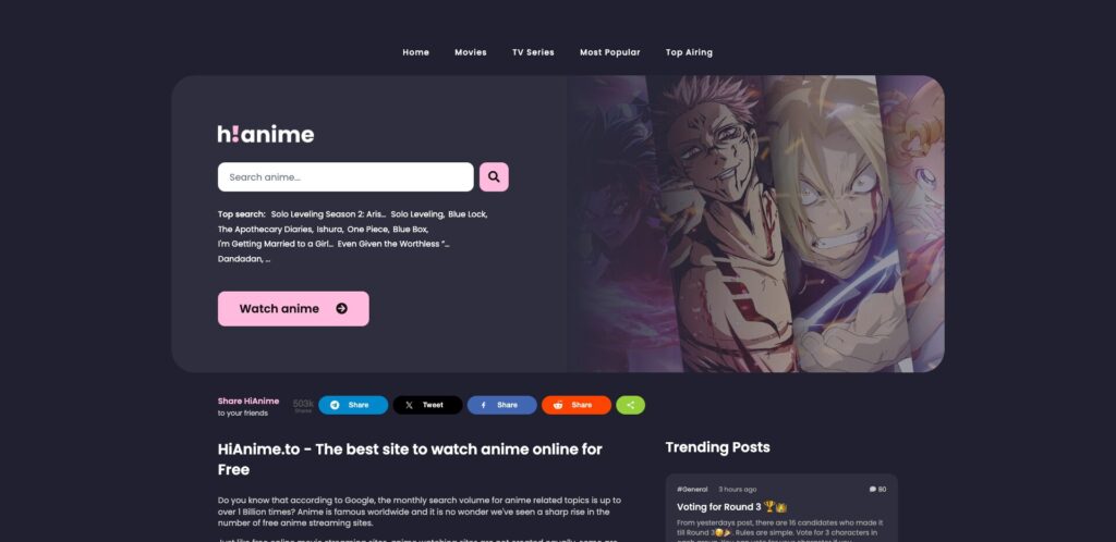 La page d'accueil du site HiAnime // Source : Numerama La page d'accueil du site HiAnime // Source : Numerama