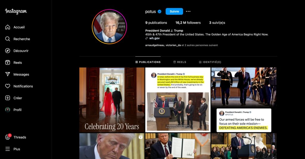 La page Instagram du président des États-Unis, en l'occurrence Donald Trump // Source : Numerama La page Instagram du président des États-Unis, en l'occurrence Donald Trump // Source : Numerama