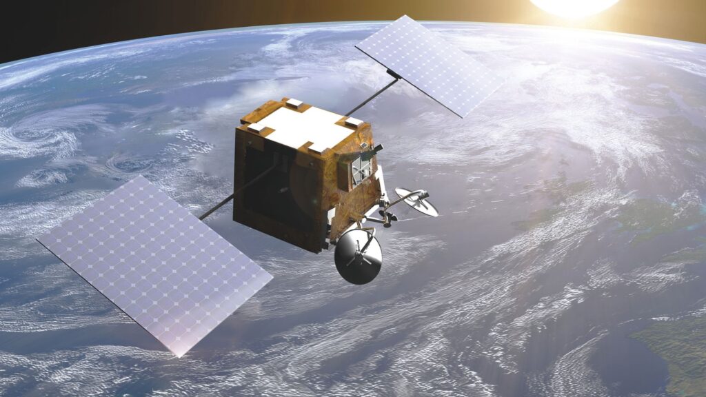 Vue d'artiste d'un satellite OneWeb. // Source : Flickr/CC/Eutelsat Group (photo recadrée) Vue d'artiste d'un satellite OneWeb. // Source : Flickr/CC/Eutelsat Group (photo recadrée)