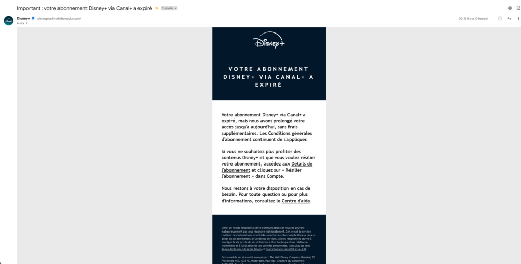 Le mail de Disney+ envoyé aux anciens abonnés via Canal+ // Source : Numerama Le mail de Disney+ envoyé aux anciens abonnés via Canal+ // Source : Numerama