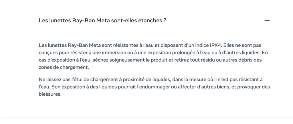 Sur son site, Meta mentionne la résistance à l'eau des lunettes. Sur son site, Meta mentionne la résistance à l'eau des lunettes.