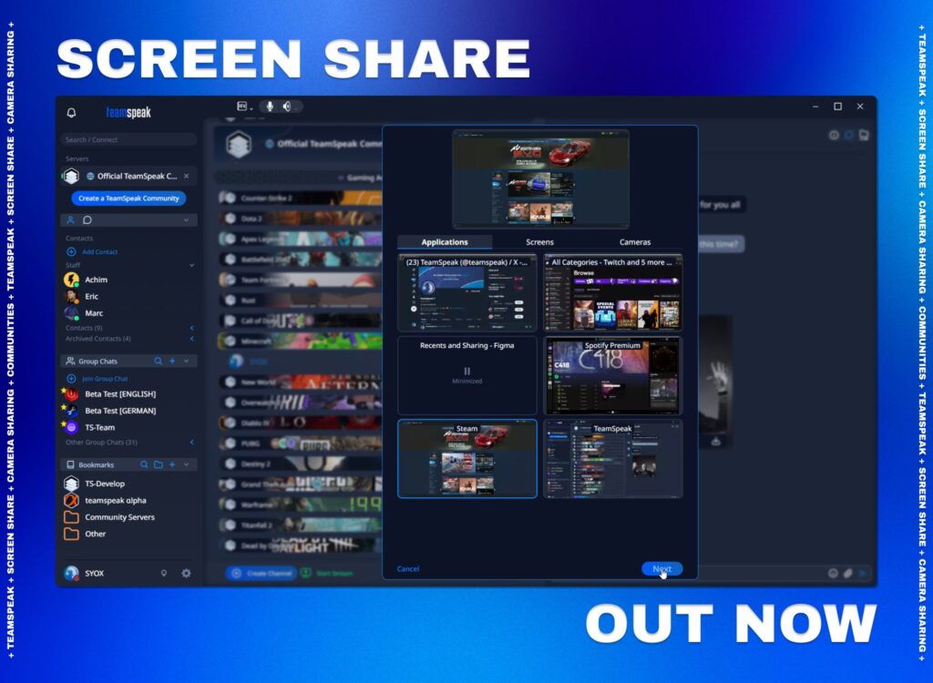 Le partage d'écran sur TeamSpeak // Source : TeamSpeak Le partage d'écran sur TeamSpeak // Source : TeamSpeak