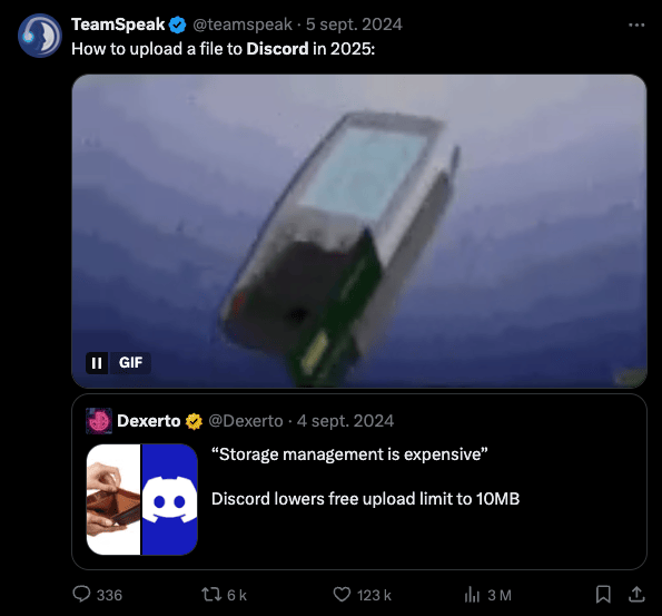 TeamSpeak qui provoque Discord sur X // Source : Numerama TeamSpeak qui provoque Discord sur X // Source : Numerama