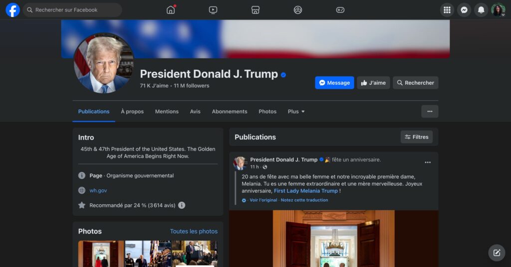 La page Facebook du président des États-Unis, en l'occurrence Donald Trump // Source : Numerama La page Facebook du président des États-Unis, en l'occurrence Donald Trump // Source : Numerama