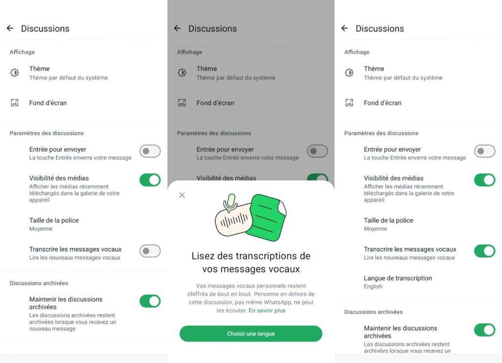transcription d'un message vocal en texte sur WhatsApp