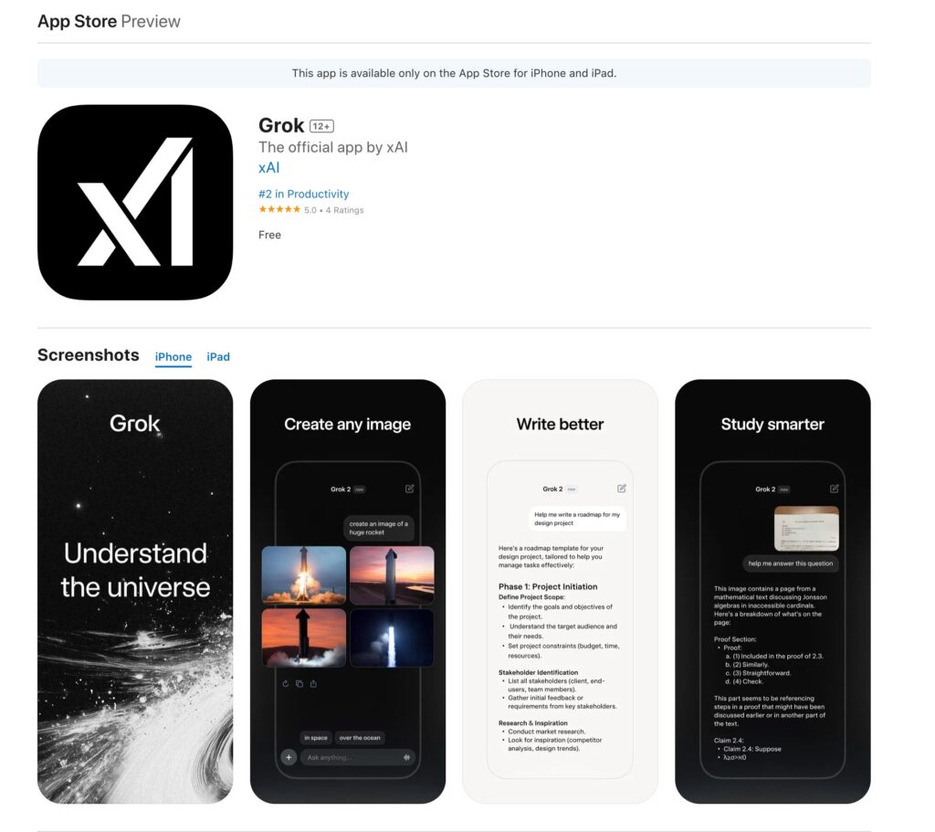 La page de Grok sur l'App Store // Source : Numerama La page de Grok sur l'App Store // Source : Numerama