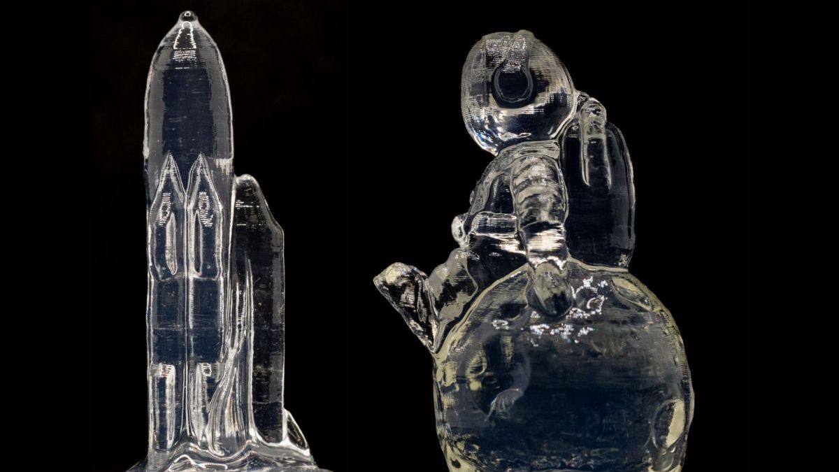 Une navette spatiale et un astronaute sur la Lune, illustrant les possibilités de l'impression 3D à base d'hydrogel. // Source : Johan Dubruel Une navette spatiale et un astronaute sur la Lune, illustrant les possibilités de l'impression 3D à base d'hydrogel. // Source : Johan Dubruel