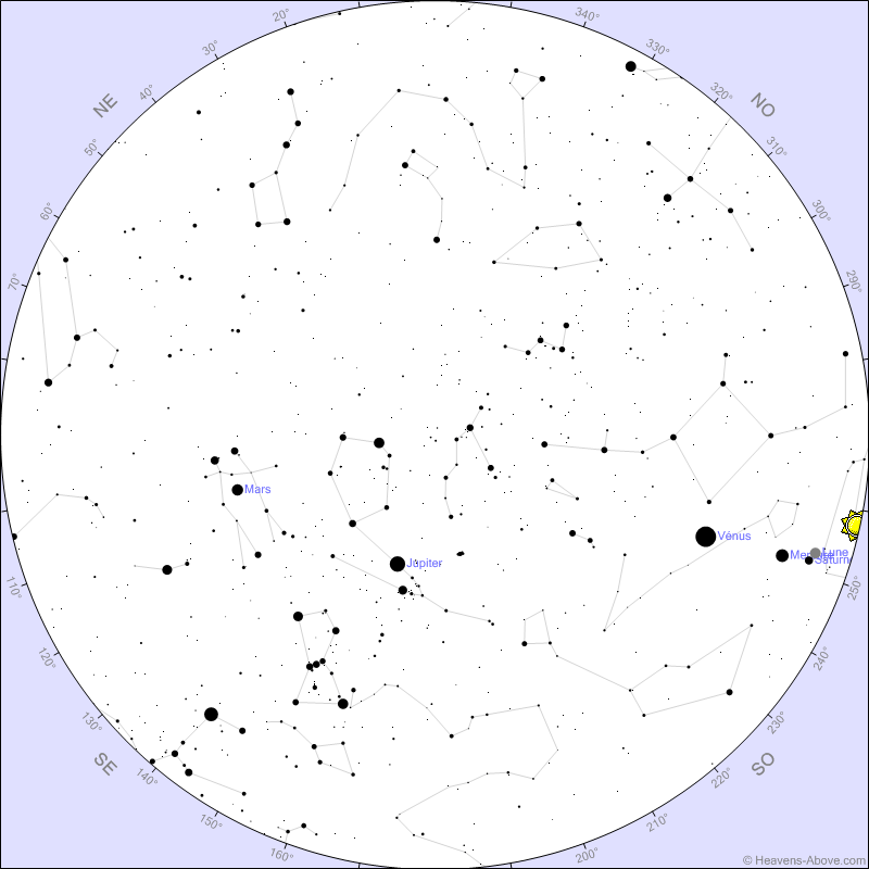 Carte du ciel vu de Paris le 28 février 2025 à 18h25. // Source : Heavens Above Carte du ciel vu de Paris le 28 février 2025 à 18h25. // Source : Heavens Above