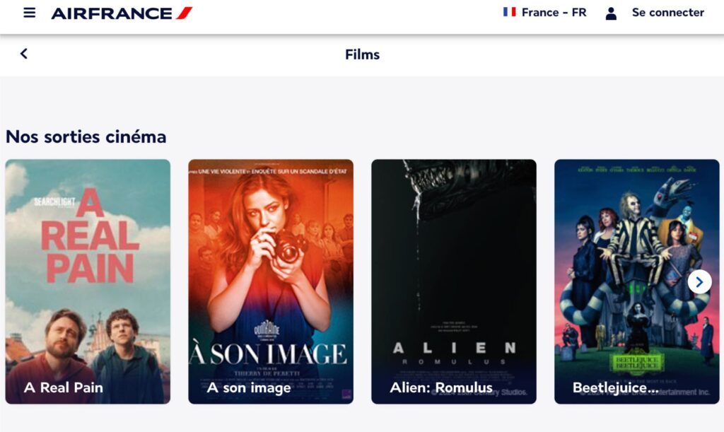 Air France dispose d'un site avec la liste des films actuellement diffusés. // Source : Capture Numerama Air France dispose d'un site avec la liste des films actuellement diffusés. // Source : Capture Numerama