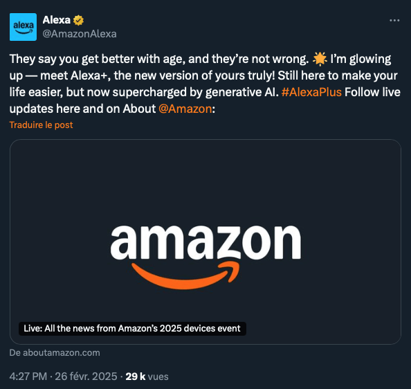 Annonce d'Alexa+ le 26 février 2025. // Source : Via X @AmazonAlexa Annonce d'Alexa+ le 26 février 2025. // Source : Via X @AmazonAlexa