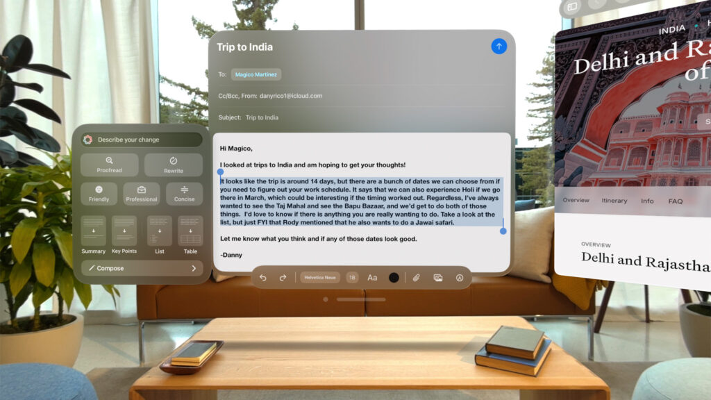 Les outils d'écriture d'Apple Intelligence sur Vision Pro. Les outils d'écriture d'Apple Intelligence sur Vision Pro.