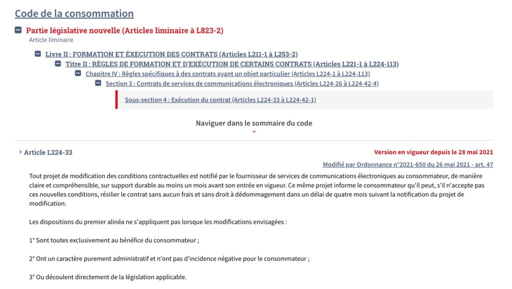 L'article L224-33 du Code de la consommation // Source : Numerama L'article L224-33 du Code de la consommation // Source : Numerama