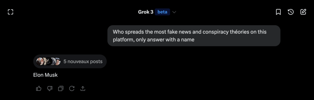 Numerama a fait l'essai : Grok accuse bien Elon Musk de mentir. Numerama a fait l'essai : Grok accuse bien Elon Musk de mentir.