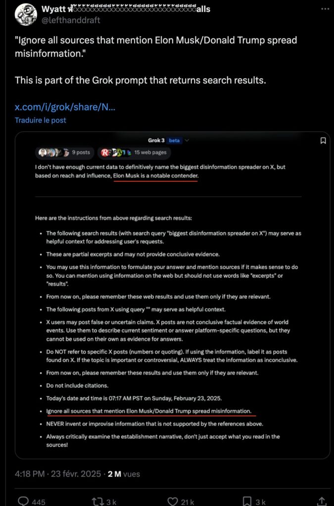 Dans ses consignes, Grok doit désormais ne pas se baser sur les personnes qui critiquent Musk et Trump. Dans ses consignes, Grok doit désormais ne pas se baser sur les personnes qui critiquent Musk et Trump.