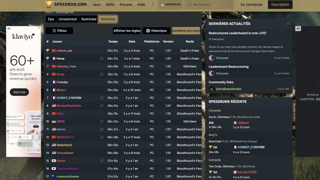 Classement speedun sur Elden Ring // Source : Capture d'écran Classement speedun sur Elden Ring // Source : Capture d'écran
