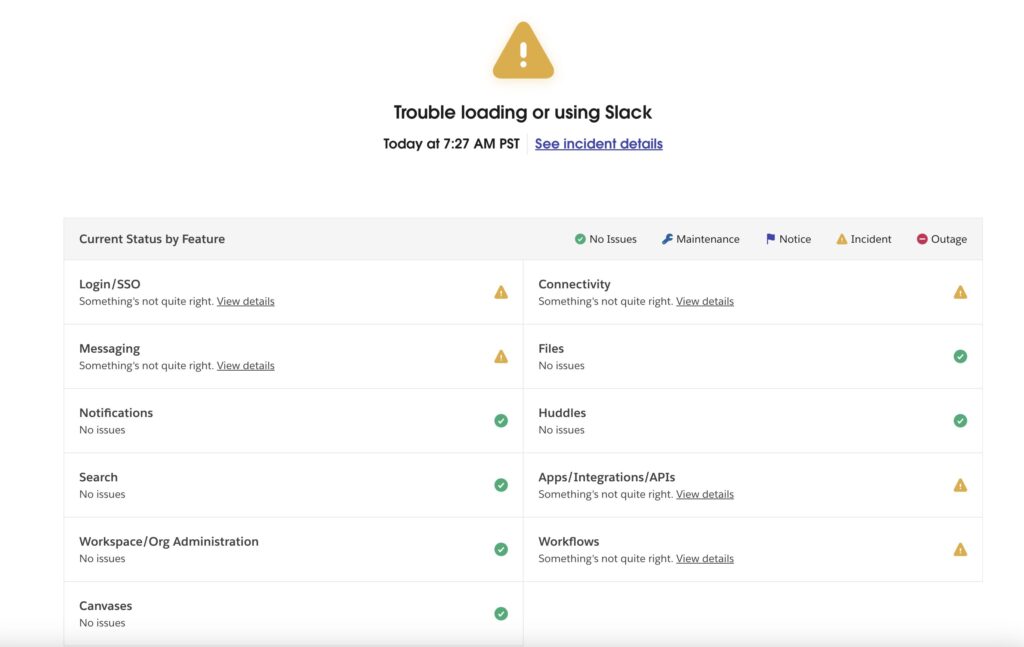 La page de Slack permettant de voir que le service est tombé confirme la panne La page de Slack permettant de voir que le service est tombé confirme la panne