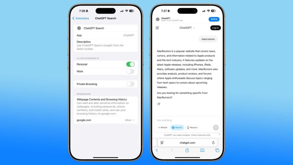 ChatGPT Search par défaut sur Safari // Source : MacRumors ChatGPT Search par défaut sur Safari // Source : MacRumors