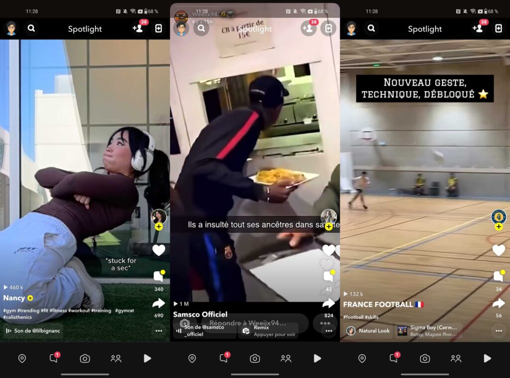 L'onglet Spotlight de Snapchat // Source : Numerama L'onglet Spotlight de Snapchat // Source : Numerama