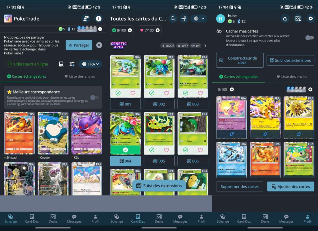 Les menus de l'application PokéTrade // Source : Numerama Les menus de l'application PokéTrade // Source : Numerama