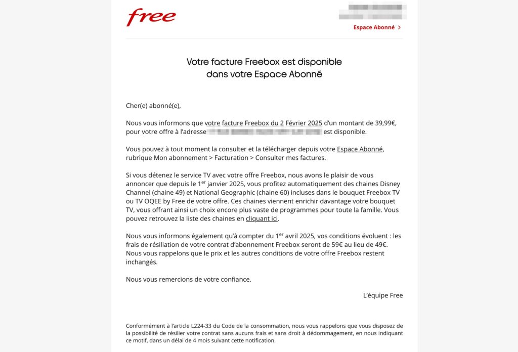 Le mail de Free pour prévenir de l'augmentation du tarif de résiliation // Source : Numerama Le mail de Free pour prévenir de l'augmentation du tarif de résiliation // Source : Numerama