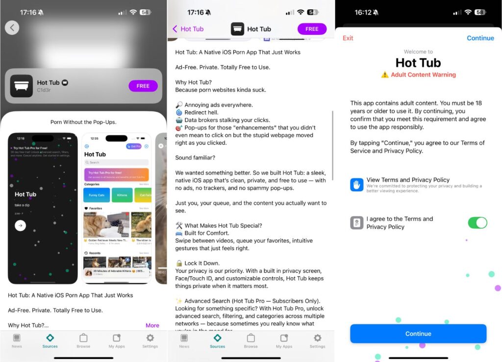Au premier démarrage, Hot Tub avertit sur le contenu pornographique. Il s'agit probablement d'une mesure forcée par Apple, au vu des icônes utilisées. Au premier démarrage, Hot Tub avertit sur le contenu pornographique. Il s'agit probablement d'une mesure forcée par Apple, au vu des icônes utilisées.