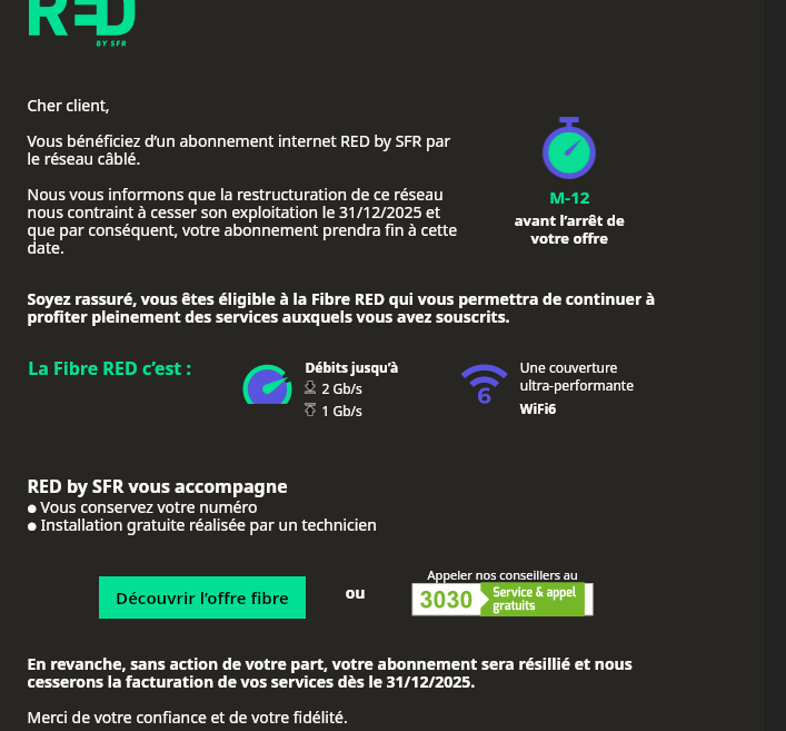 Le mail reçu par les abonnés RED by SFR sur la fin du coaxial // Source : Adrien Linuxtricks via X Le mail reçu par les abonnés RED by SFR sur la fin du coaxial // Source : Adrien Linuxtricks via X
