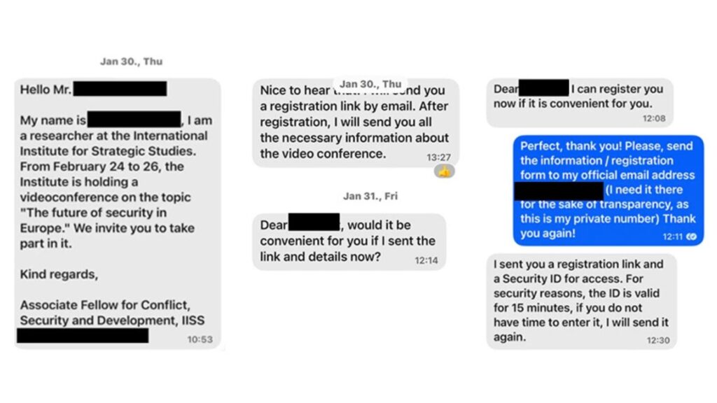 Un message de hacker russe se faisant passer pour un chercheur. // Source : Microsoft Un message de hacker russe se faisant passer pour un chercheur. // Source : Microsoft