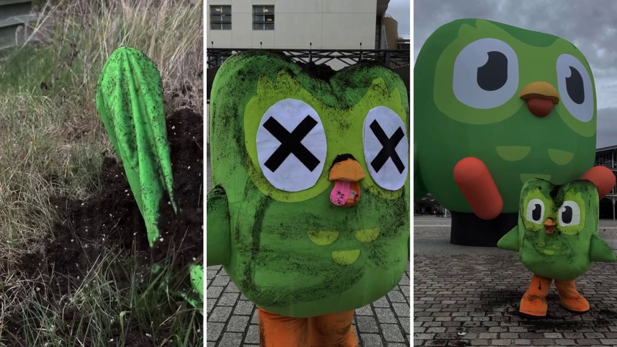 Duo, la mascotte de Duolingo, sort de terre // Source : Duolingo Duo, la mascotte de Duolingo, sort de terre // Source : Duolingo
