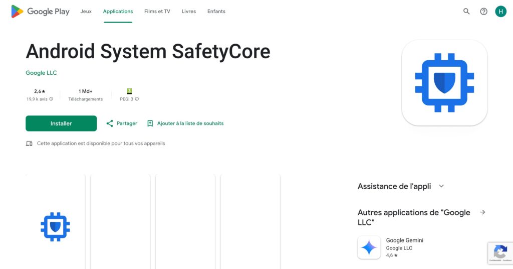 La page de SafetyCore sur le Play Store // Source : Numerama La page de SafetyCore sur le Play Store // Source : Numerama