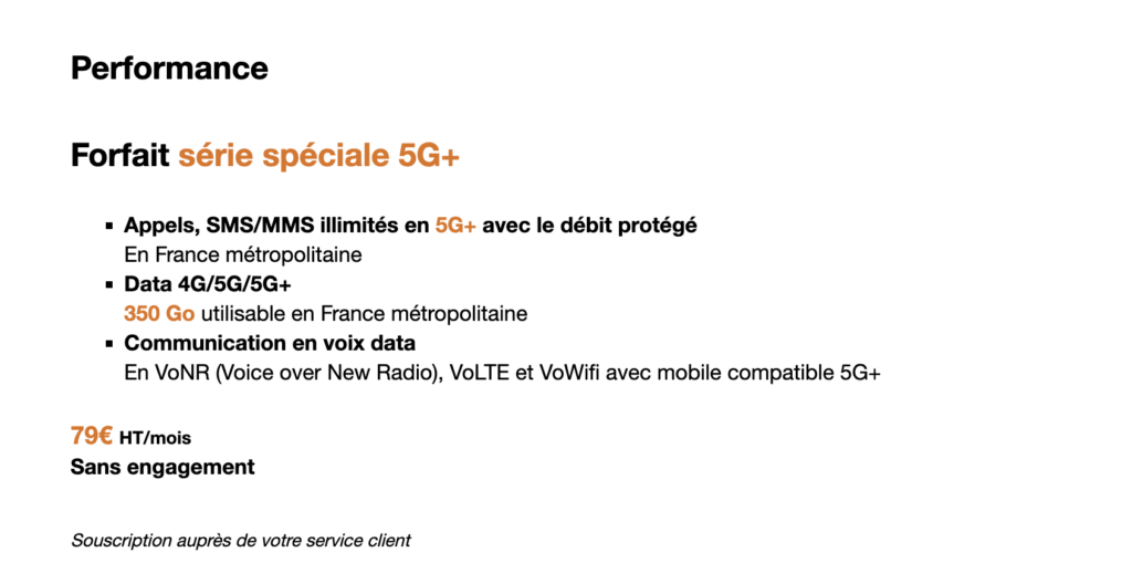 Le forfait Performance 5G+ sur le site d'Orange Pro. Le forfait Performance 5G+ sur le site d'Orange Pro.