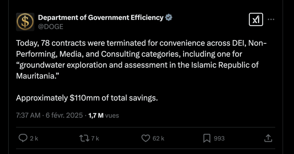 Sur son compte X, le DOGE se félicite de rendre justice en annulant des paiements sur décision d'Elon Musk. // Source : Numerama Sur son compte X, le DOGE se félicite de rendre justice en annulant des paiements sur décision d'Elon Musk. // Source : Numerama