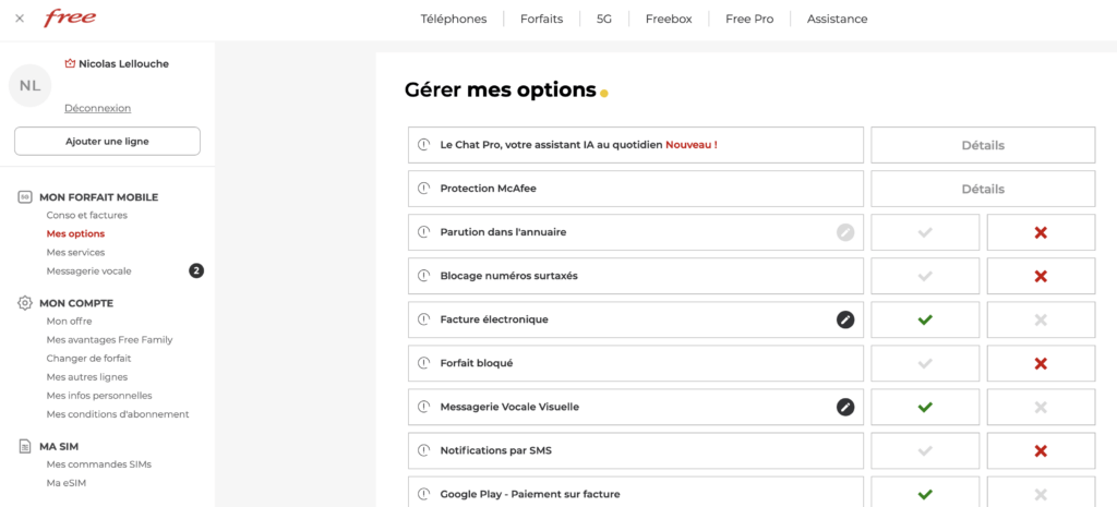 L'affichage des options dans l'espace client Free Mobile. L'affichage des options dans l'espace client Free Mobile.