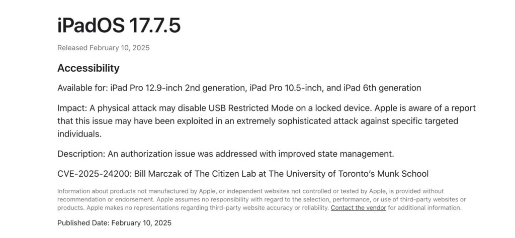 La fiche de sécurité d'iPadOS 17.7.5. La fiche de sécurité d'iPadOS 17.7.5.