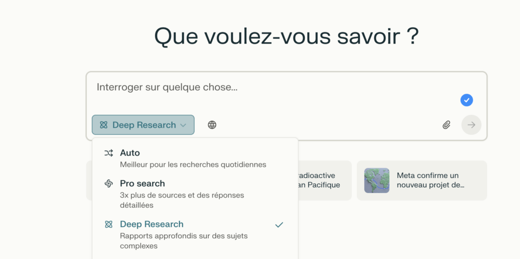 Deep Resarch dans l'interface Perplexity. Deep Resarch dans l'interface Perplexity.