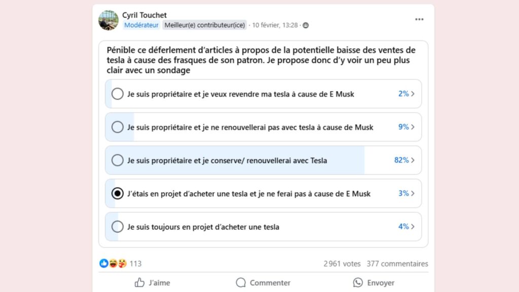 Sondage sur le groupe Tesla Owner Club France // Source : Capture groupe Facebook Sondage sur le groupe Tesla Owner Club France // Source : Capture groupe Facebook