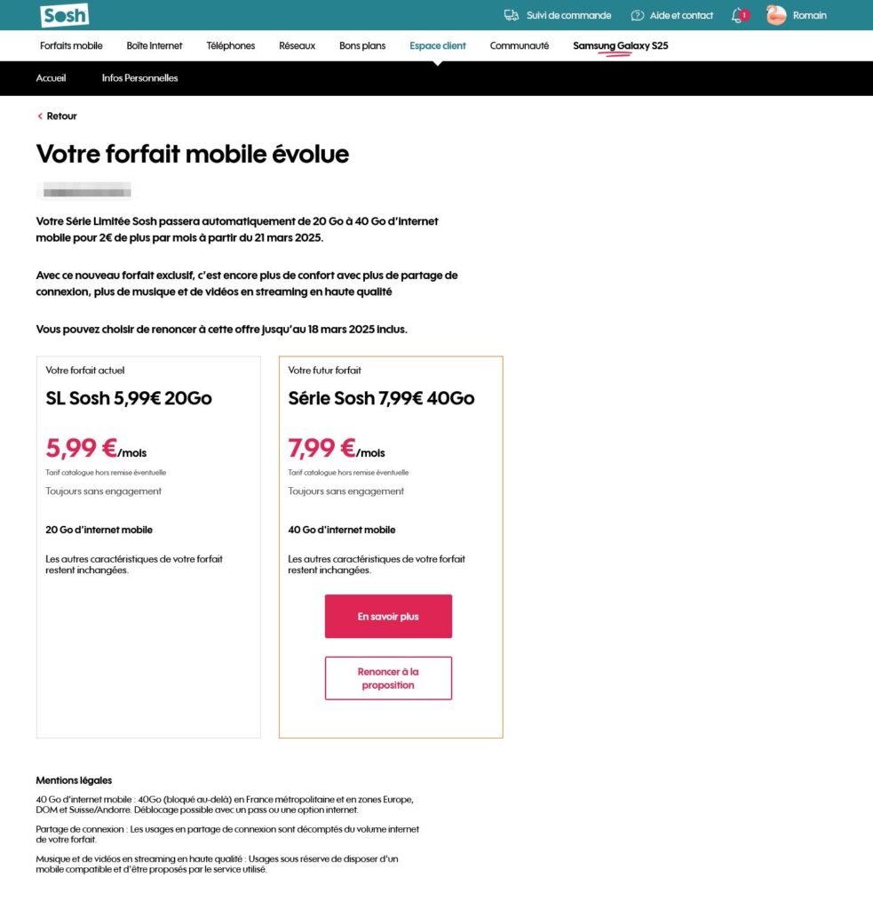 Comment refuser l'augmentation de son forfait Sosh // Source : Romain Heuillard via Bluesky Comment refuser l'augmentation de son forfait Sosh // Source : Romain Heuillard via Bluesky