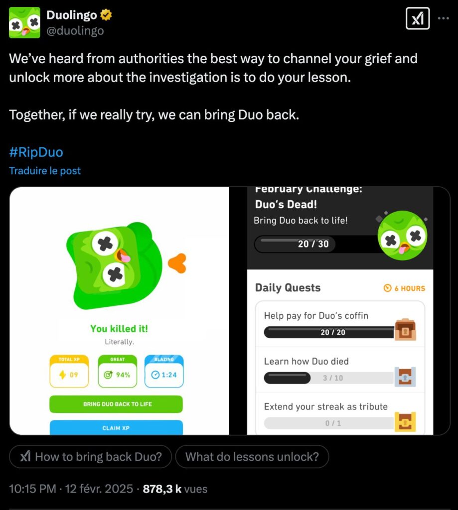 Le tweet de Duolingo // Source : Duolingo via X Le tweet de Duolingo // Source : Duolingo via X