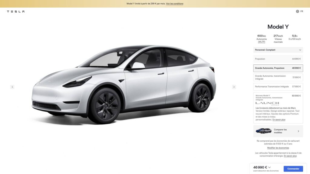 Fin de la vente des Model Y Propulsion // Source : capture site Tesla Fin de la vente des Model Y Propulsion // Source : capture site Tesla
