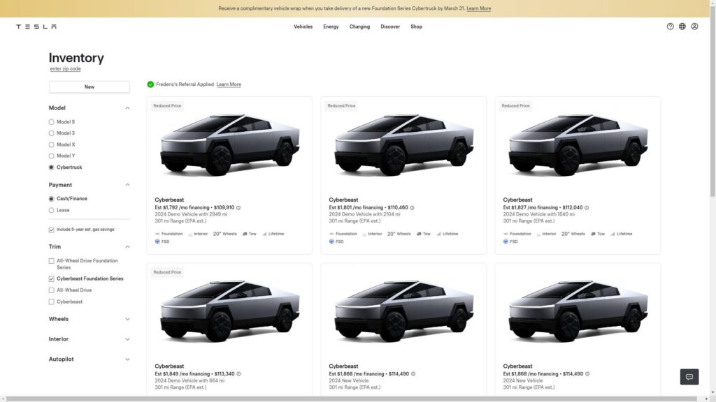 Des Cybertruck Cyberbeast Founder Edition dans le stock Tesl // Source : Capture site Tesla Des Cybertruck Cyberbeast Founder Edition dans le stock Tesl // Source : Capture site Tesla