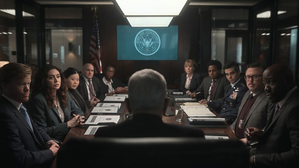 Réunion de crise après la cyberattaque. // Source : Netflix Réunion de crise après la cyberattaque. // Source : Netflix