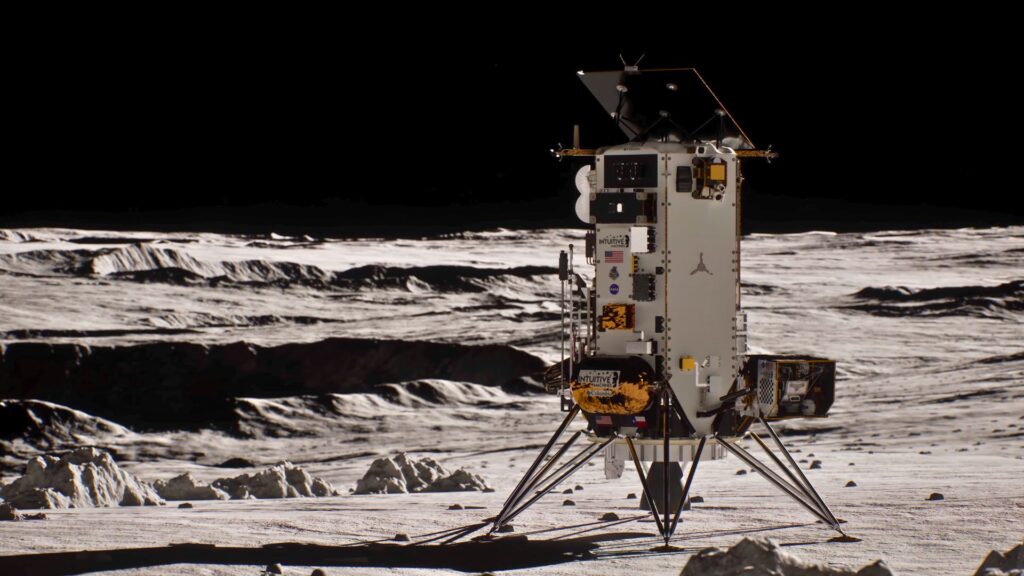 L'orientation normale qui était visée pour Athena sur la Lune (illustration). // Source : Capture d'écran YouTube Intuitive Machines (image modifiée) L'orientation normale qui était visée pour Athena sur la Lune (illustration). // Source : Capture d'écran YouTube Intuitive Machines (image modifiée)