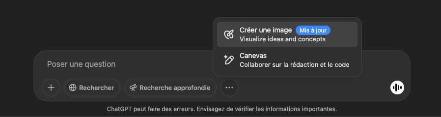 Le bouton « Créer une image » dans ChatGPT // Source : Numerama Le bouton « Créer une image » dans ChatGPT // Source : Numerama
