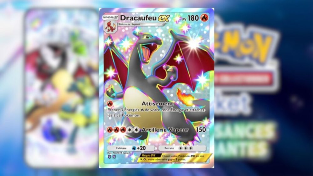 Le fameux Dracaufeu EX shiny de l'extension « Réjouissances Rayonnantes » // Source : The Pokémon Company Le fameux Dracaufeu EX shiny de l'extension « Réjouissances Rayonnantes » // Source : The Pokémon Company