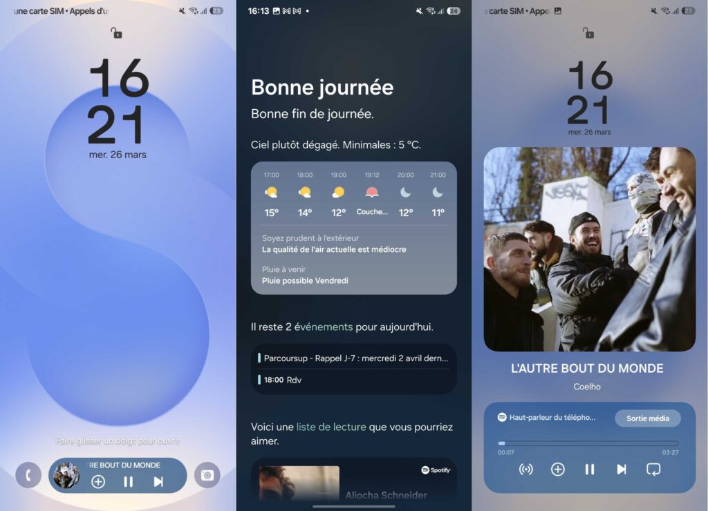 Un aperçu de la Now Bar et de « Bonjour » dans One UI 7 // Source : Numerama Un aperçu de la Now Bar et de « Bonjour » dans One UI 7 // Source : Numerama